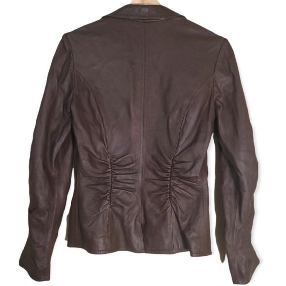 Neto Vintage Dark Brown Ruched Leather Jacket Coat - Picture 2 of 5